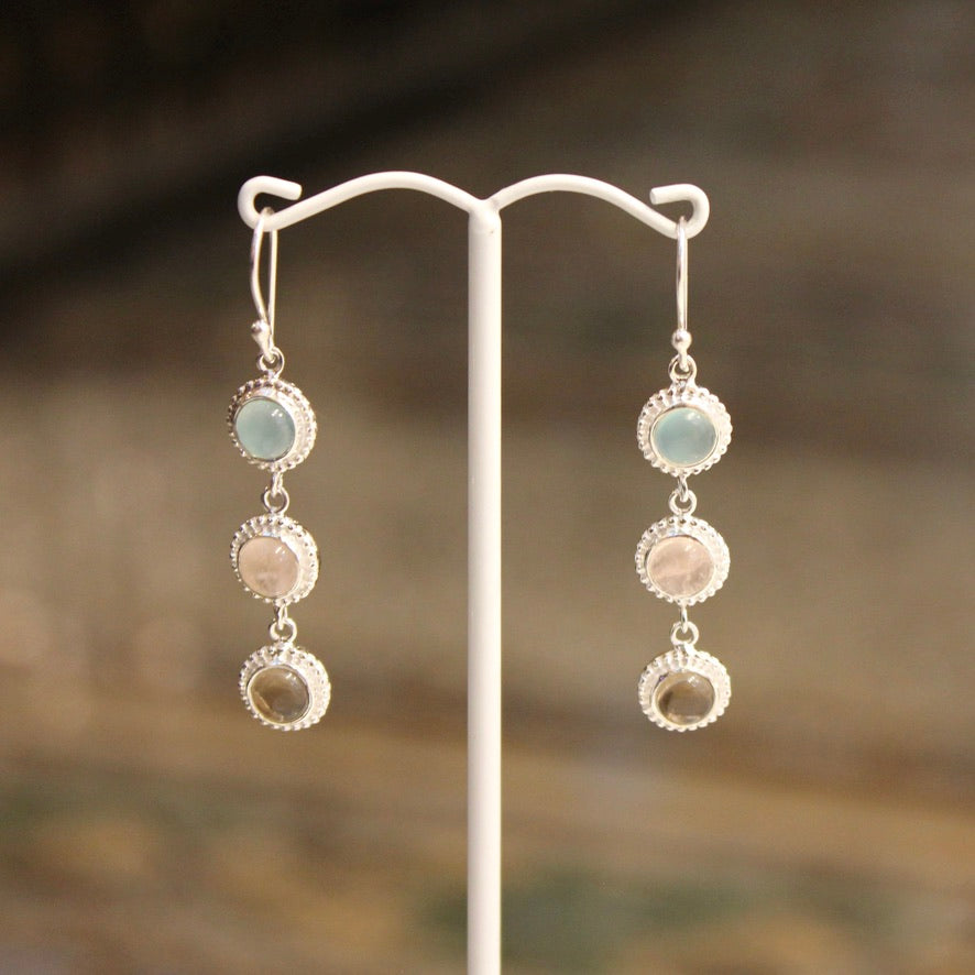 Coin Earrings - Chalcedony, Rose & Smoky Quartz - Silver