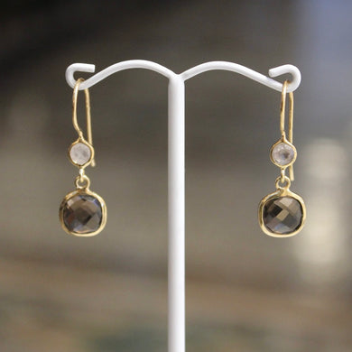 Fixed Hook Round Square Earrings - Rose & Smoky Quartz - Gold