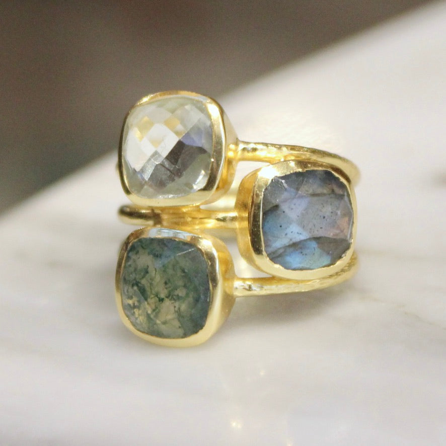 Square Stacked Ring - Rock Crystal, Labradorite, Moss Agate