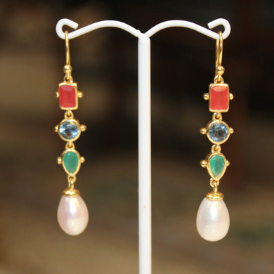 Mixed Bezel Pearl Earrings - Royal