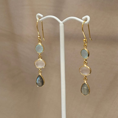 3 Bezel Earrings - Chalcedony, Rose Quartz & Labradorite - Gold