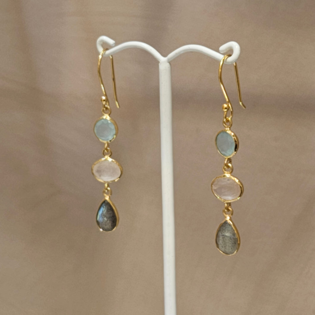 3 Bezel Earrings - Chalcedony, Rose Quartz & Labradorite - Gold