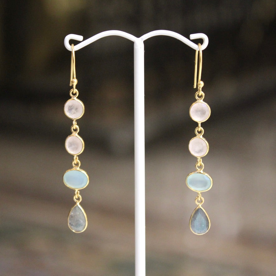 Long 4 Bezel Earrings - Rose Quartz, Chalcedony & Labradorite - Gold