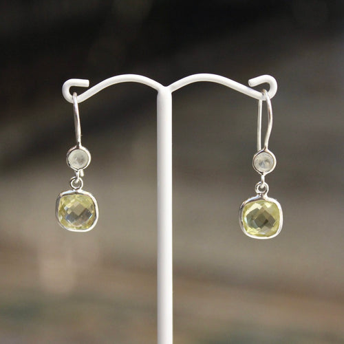 Fixed Hook Round Square Earrings - Prehnite & Green Amethyst - Silver