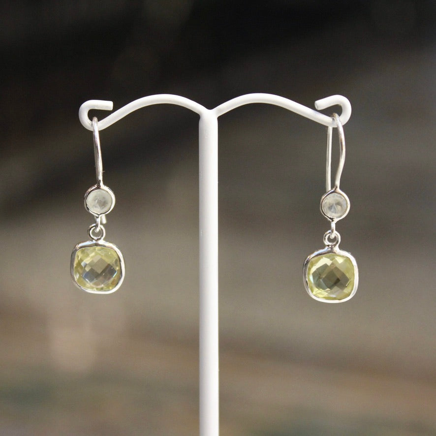 Fixed Hook Round Square Earrings - Prehnite & Green Amethyst - Silver