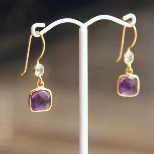 Fixed Hook Round Square Earrings - Blue Topaz & Amethyst - Gold