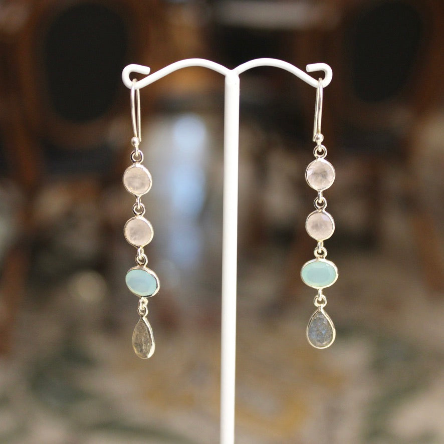 Long 4 Bezel Earrings - Rose Quartz, Chalcedony & Labradorite - Silver