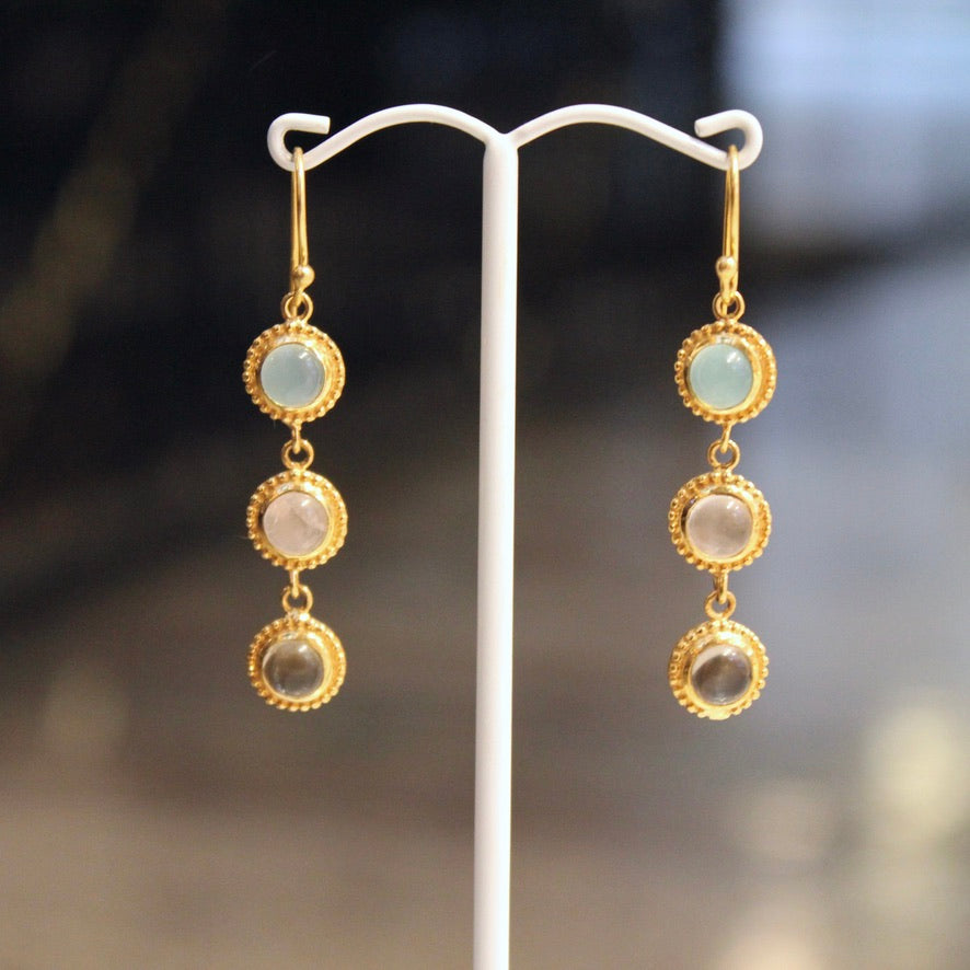 Coins Earrings - Chalcedony, Rose & Smoky Quartz - Gold