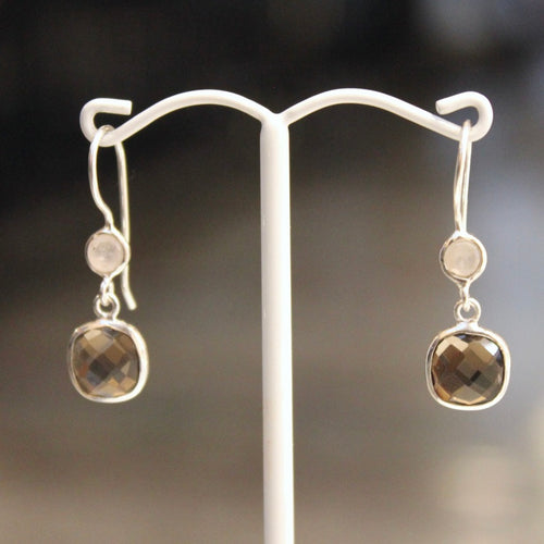 Fixed Hook Round Square Earrings - Rose & Smoky Quartz - Silver