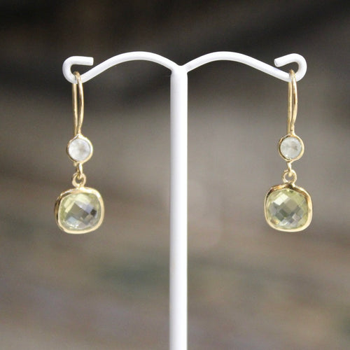 Fixed Hook Round Square Earrings - Prehnite & Green Amethyst - Gold