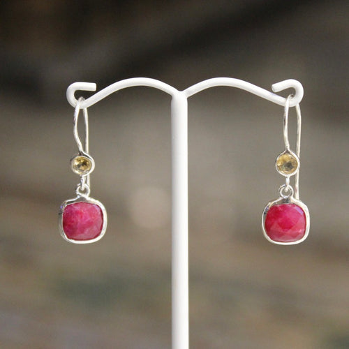 Fixed Hook Round Square Earrings - Citrine & Ruby - Silver