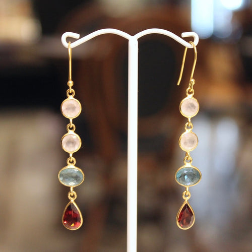 Long 4 Bezel Earrings - Rose Quartz, Apatite & Garnet - Gold