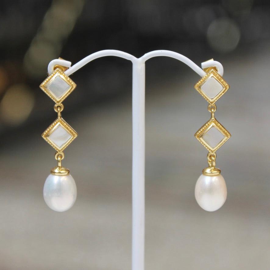 Textured Bezel Pearl Earrings - Mother of Pearl