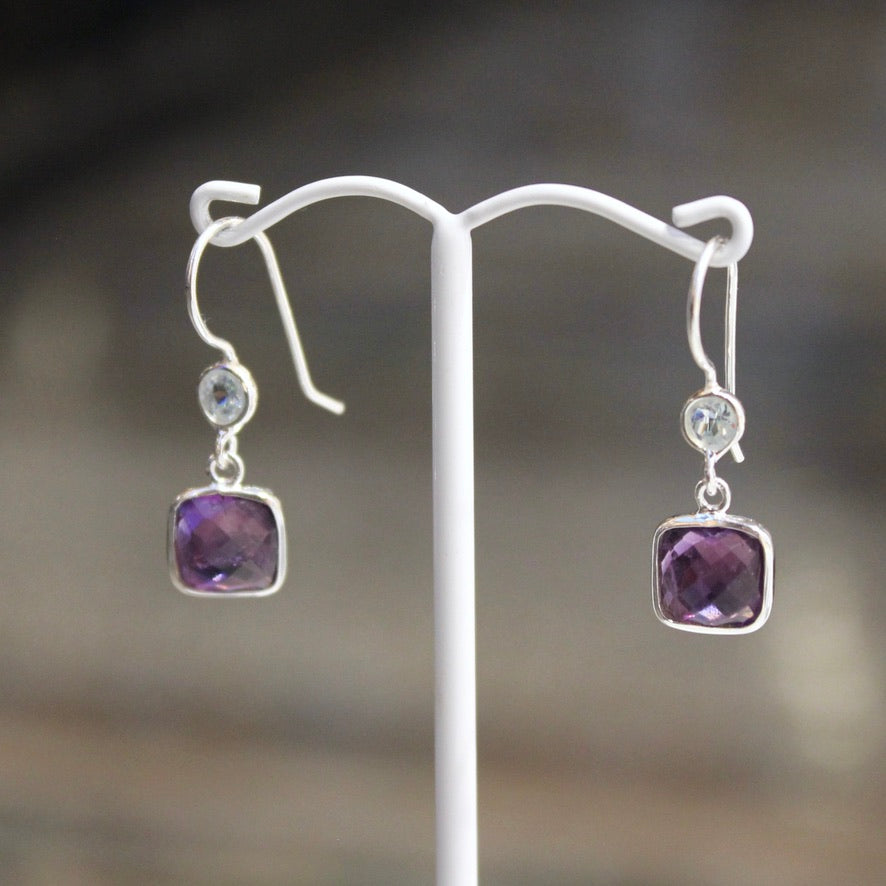 Fixed Hook Round Square Earrings - Blue Topaz & Amethyst - Silver