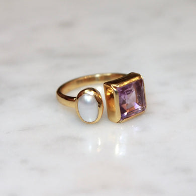 Square Bezel Pearl Ring - Lilac