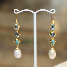 Mixed Bezel Pearl Earrings - Blues