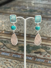 Aqua Chalcedony, Turquoise & Rose Quartz Bezel Earrings Silver