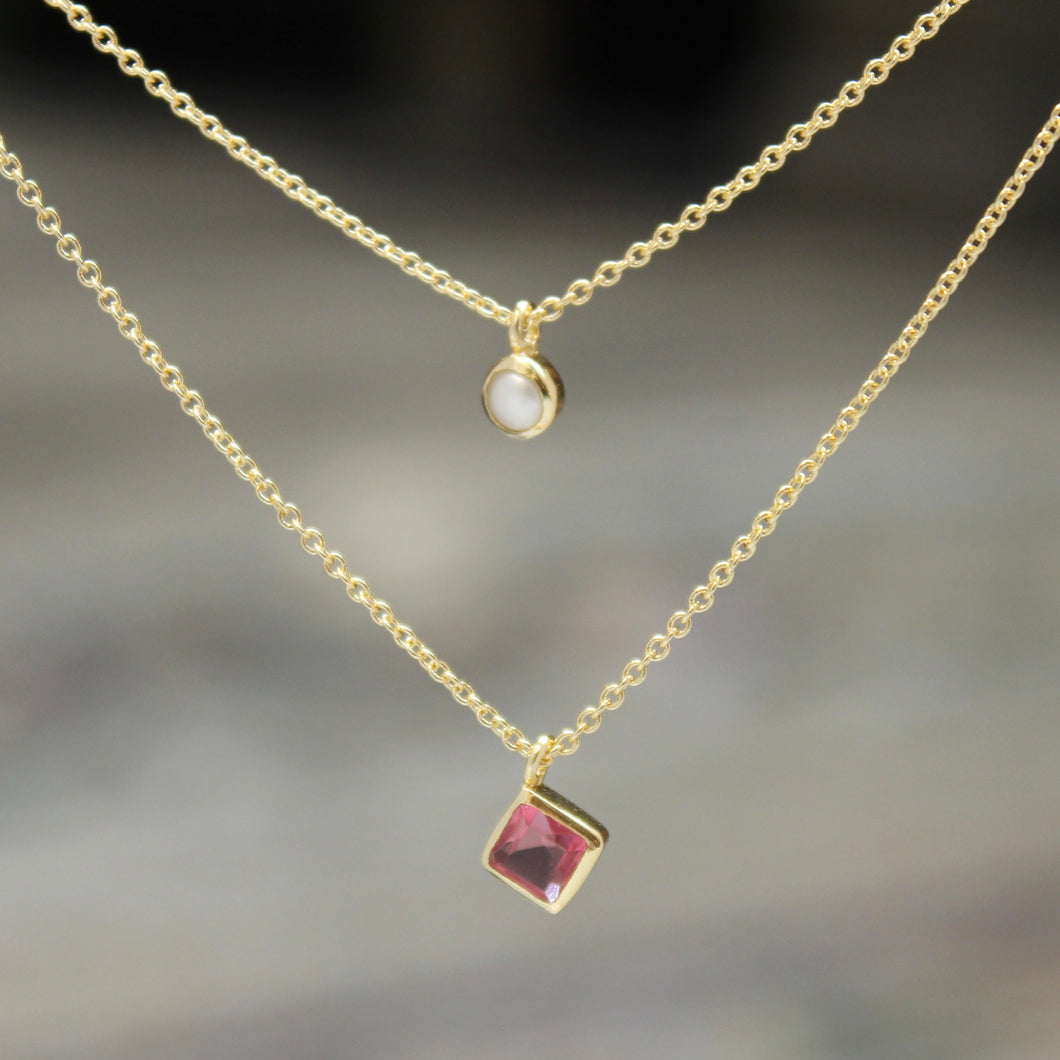 Layered Pearl Square Necklace Pink